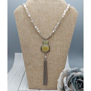 New York & Co. Silver Tone Long Chain Moonstone Beaded Pendant Necklace Tassel